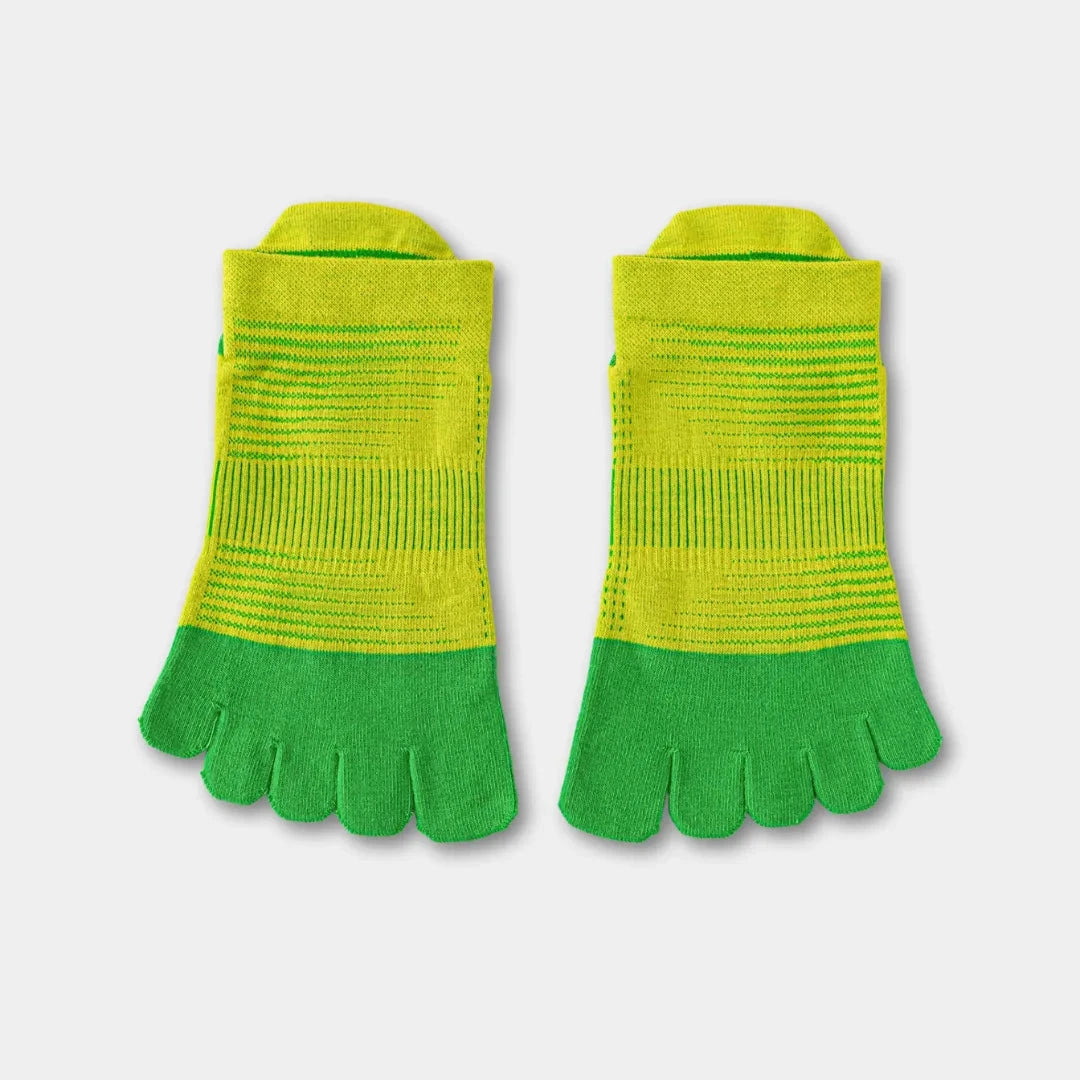 Lime green toe-separated ToeEase socks with wide toe box design