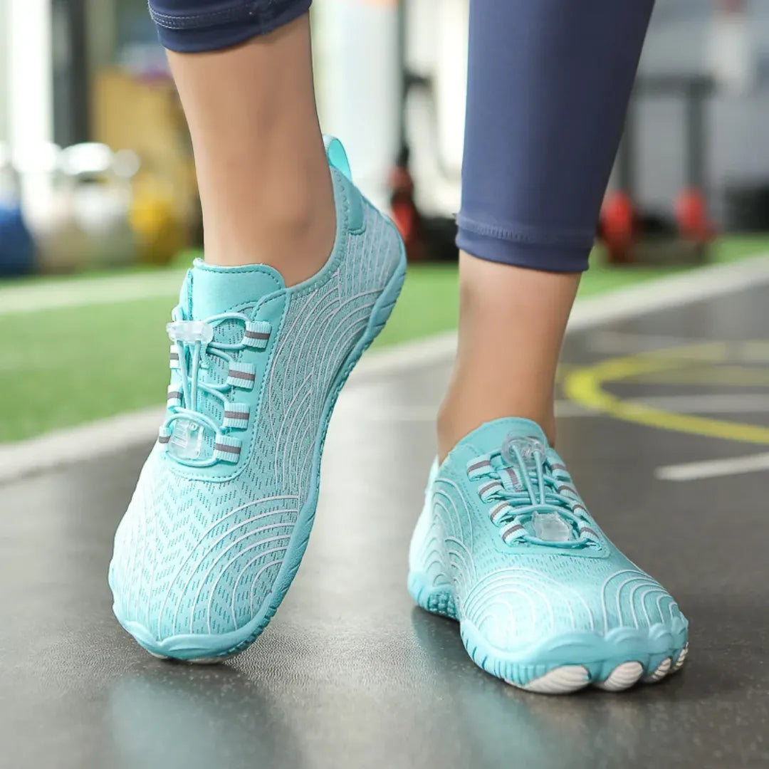 AquaFreedom Water Grip barefoot water shoes in action - gym lifestyle-blue